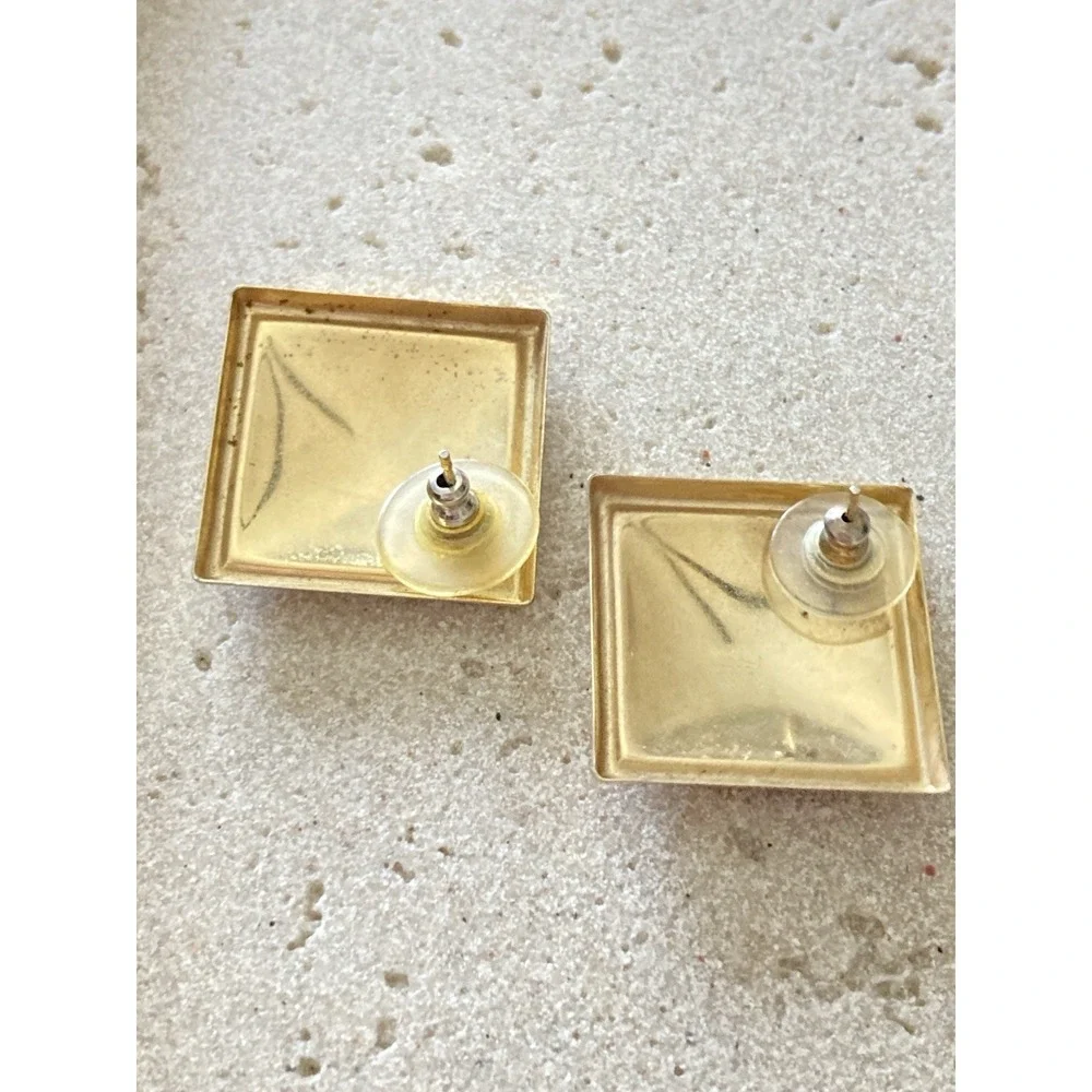 Square Blush Pink Marbled Enamel Stud‎ Earrings Gold Tone Geometric Retro Bold
